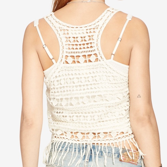 Denim & Supply Ralph Lauren Fringe crochet cropped ivory top Sz S/P - Picture 2 of 8